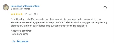 Google review from Luis Carlos Valdes Montero about Rottweiler breeding
