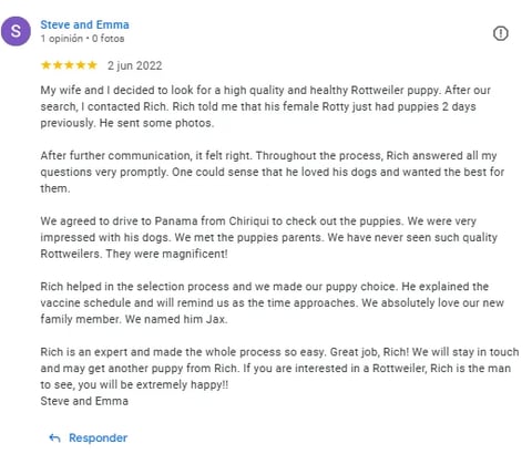 Five-star review from Steve and Emma about purchasing a Rottweiler puppy